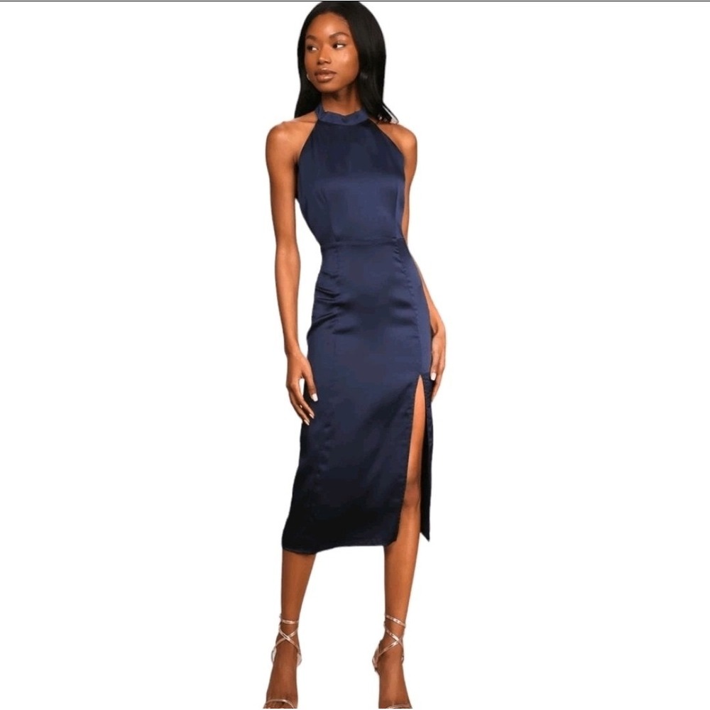 Lulus‎ Perfectly Polished Navy Blue Halter Midi Dress Womens Large Blue NWT